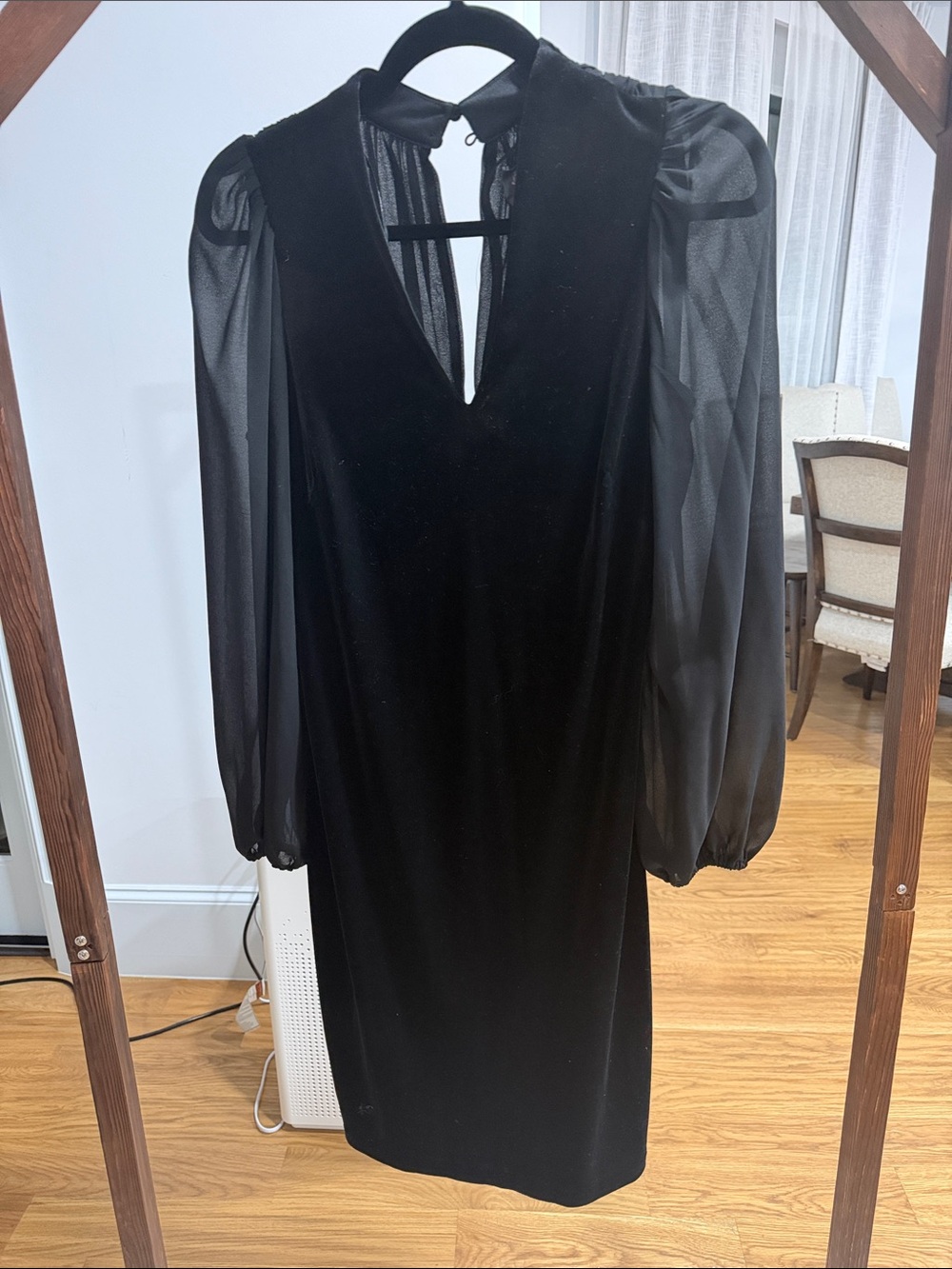 Vince Camuto Black Velvet Dress with Sheer Long Puff Sleeves